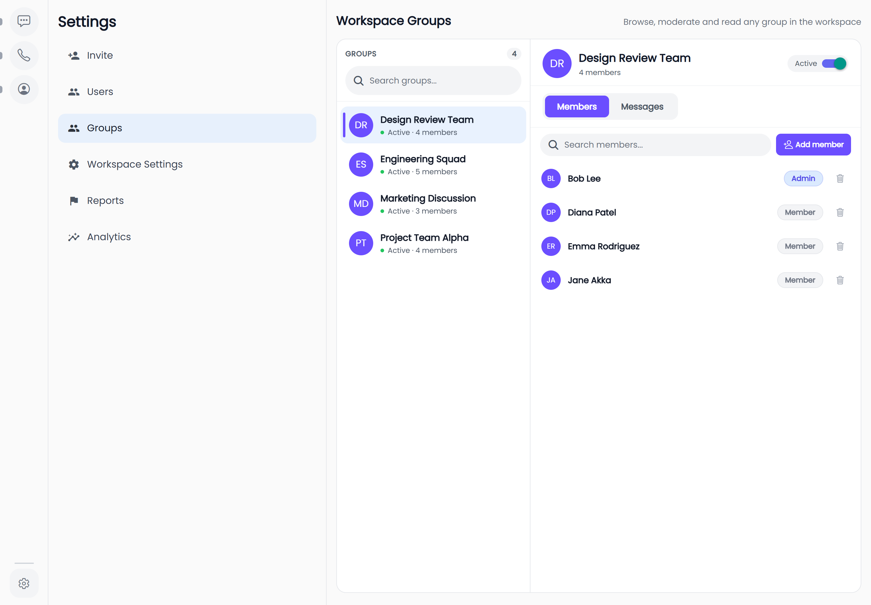 The workspace groups console at a desktop viewport