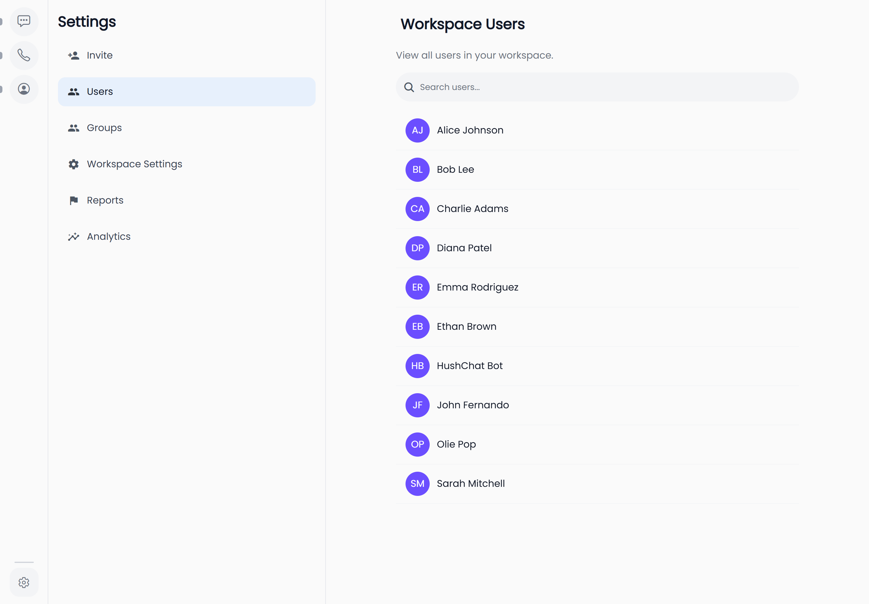The workspace users list at a desktop viewport