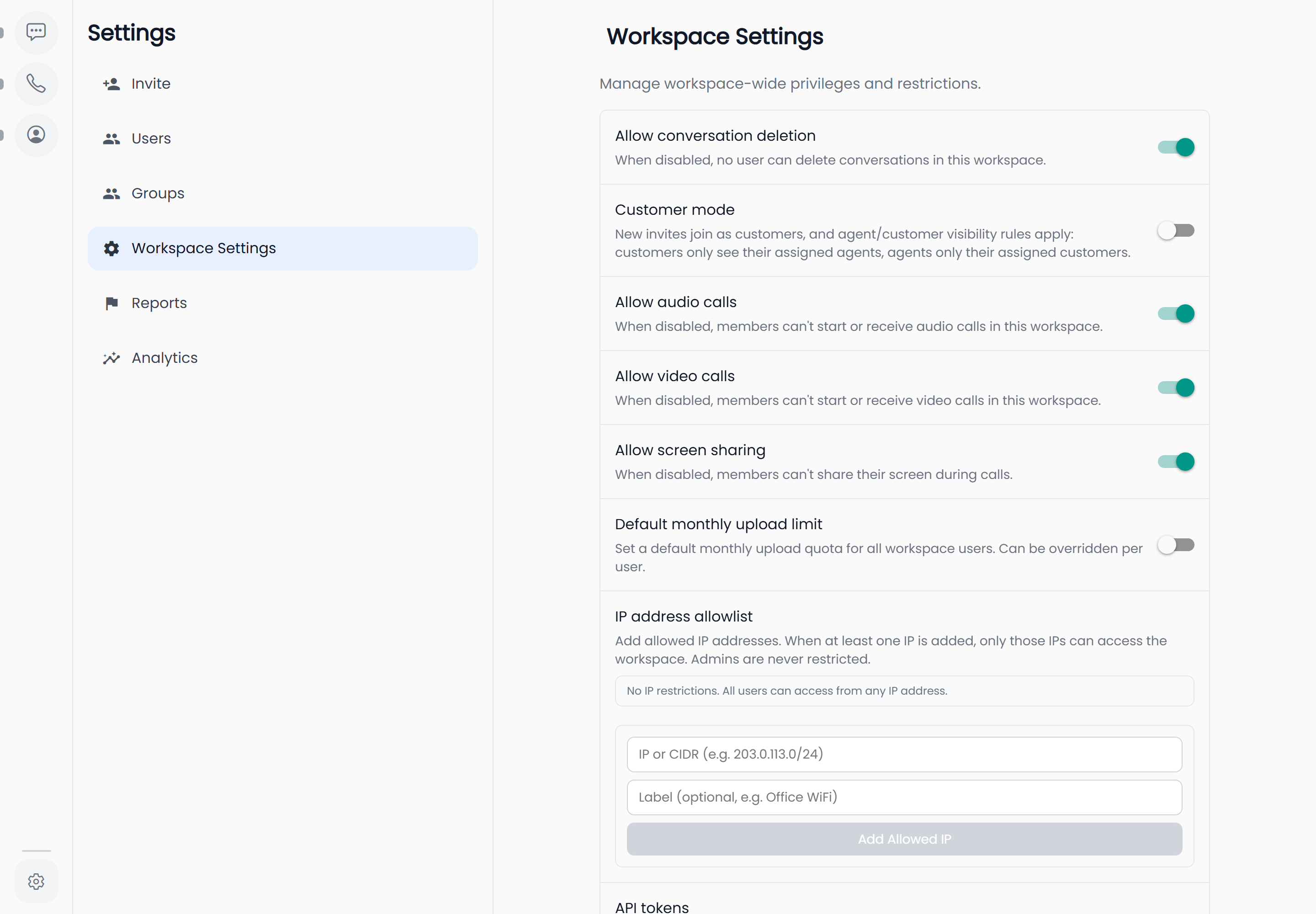 Workspace settings at a desktop viewport