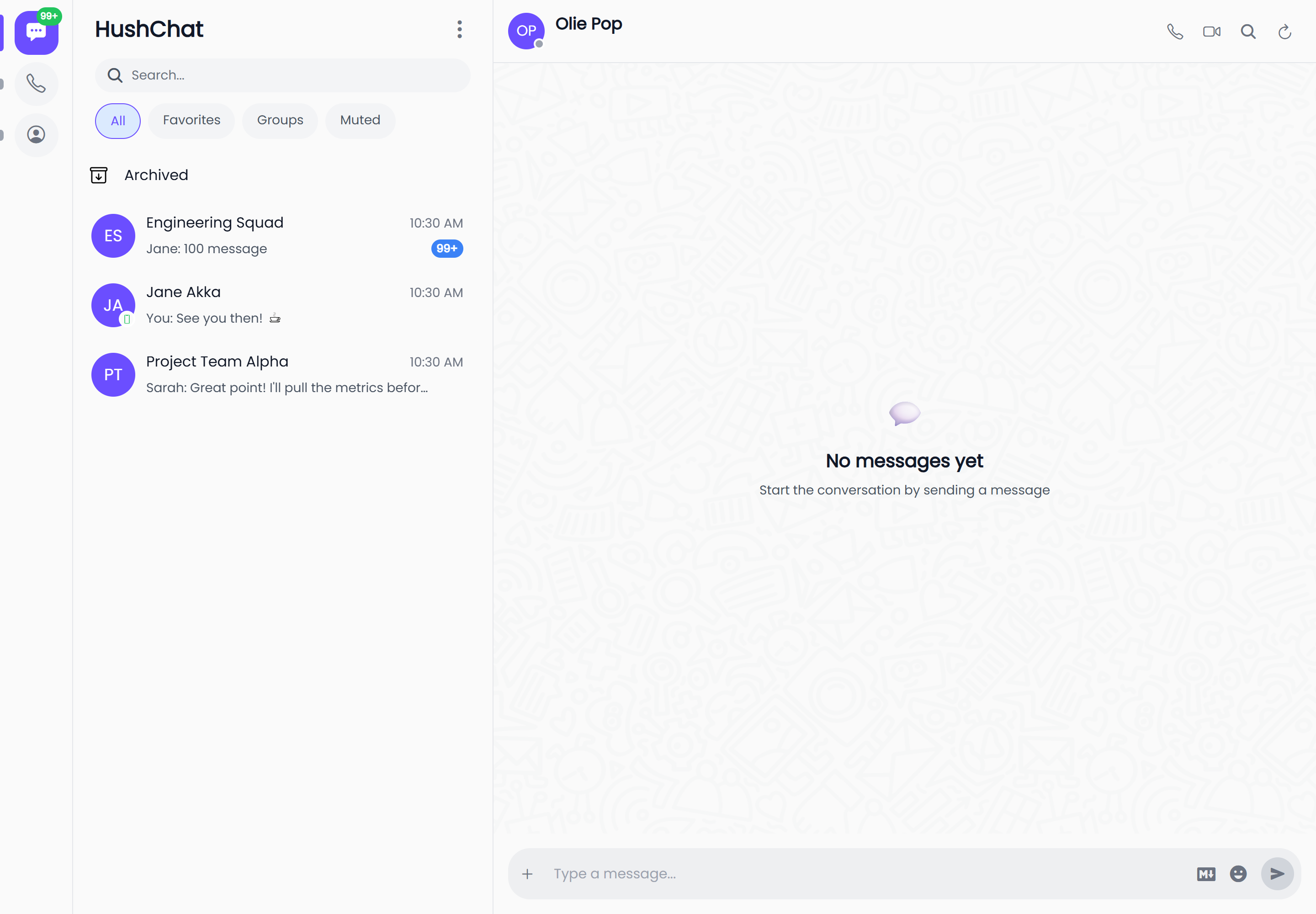 A conversation with no messages yet at a desktop viewport