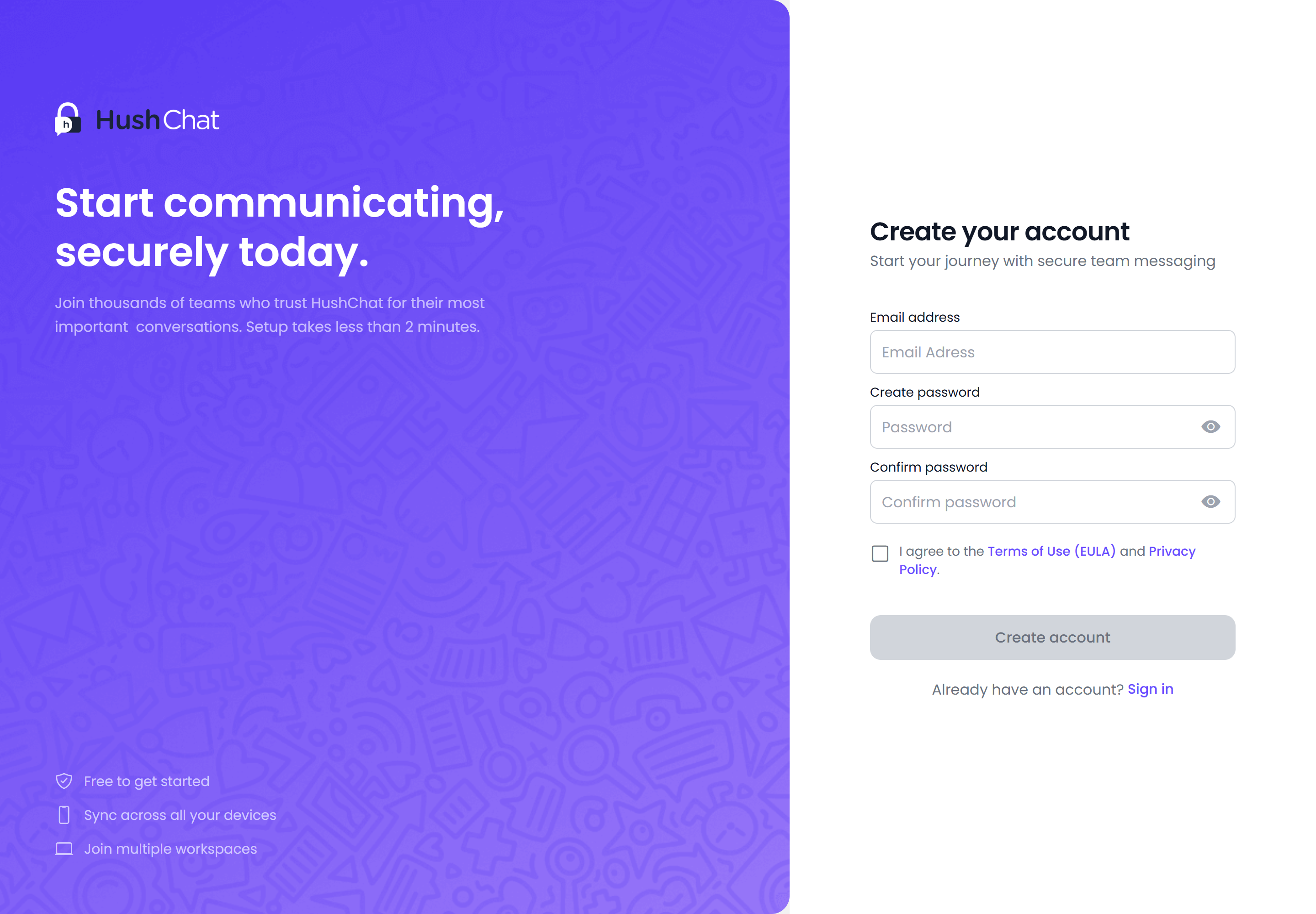 Creating a HushChat account at a desktop viewport